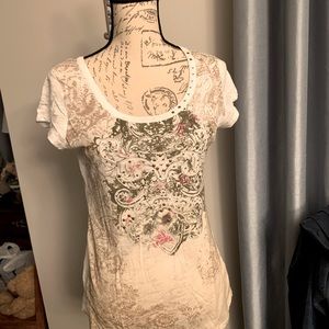 Ladies size M 100%cotton RXB TShirt cream brown rhinestone embellished studded